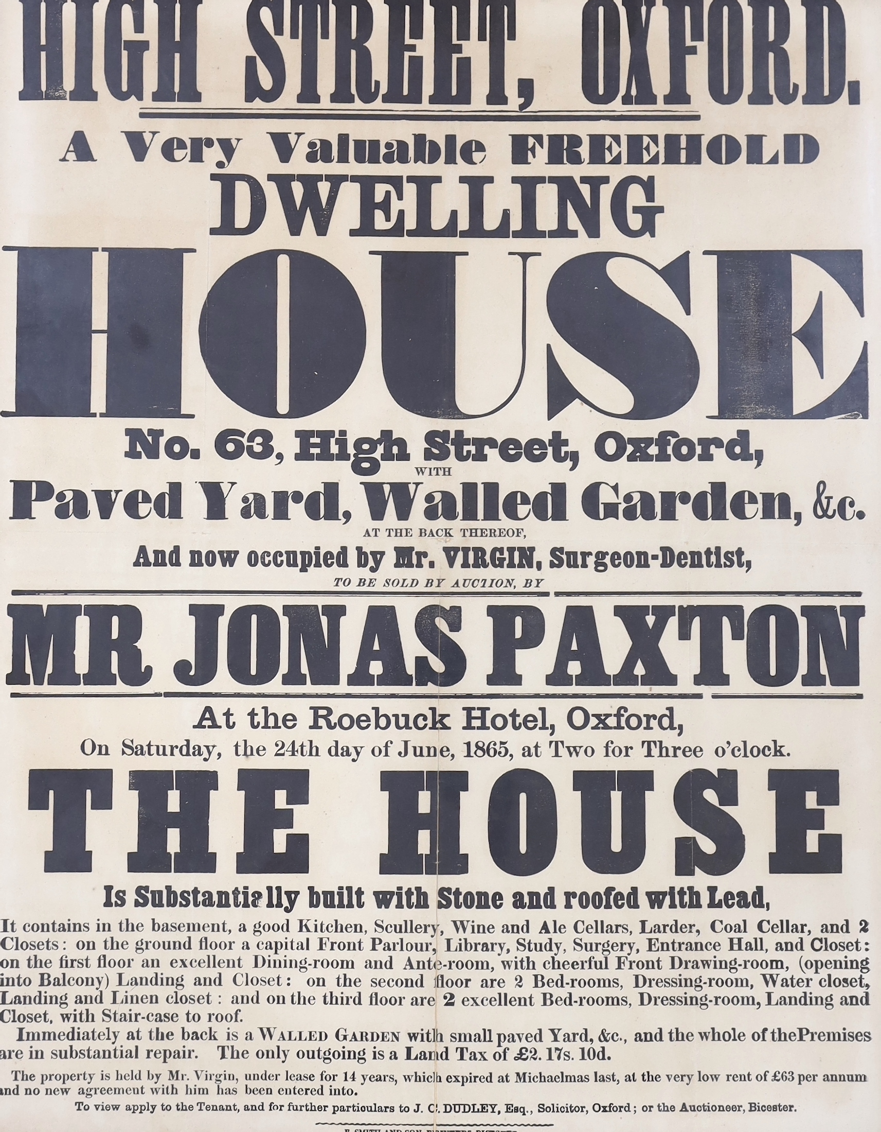 An original Victorian poster advertising the sale of a house at 63 High Street, Oxford, June 1865, 63 x 50cm